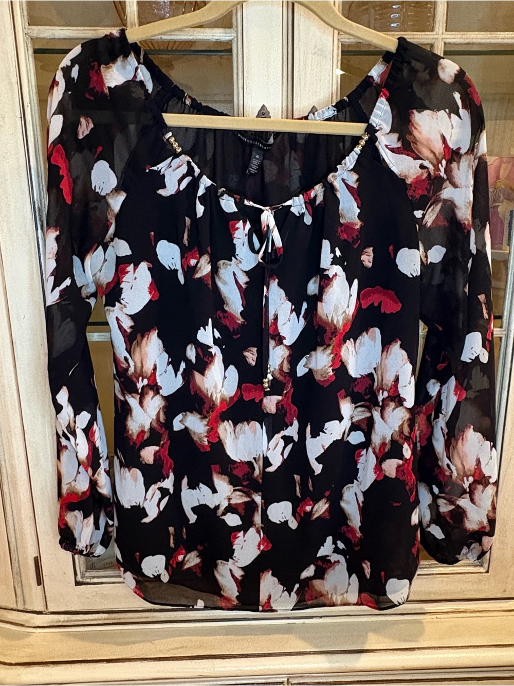 White House Black Market Black Floral Tie-Neck Blouse
